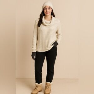 Haven Well Within Open Knit Ribbed White Cowl Neck Oversize Sweater Sz S EUC